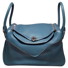 Hermès Blue Jean Clemence Leather Lindy Bag with Palladium Hardware