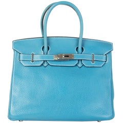 HERMES Blue Jean Clemence leather & Palladium BIRKIN 35 Bag