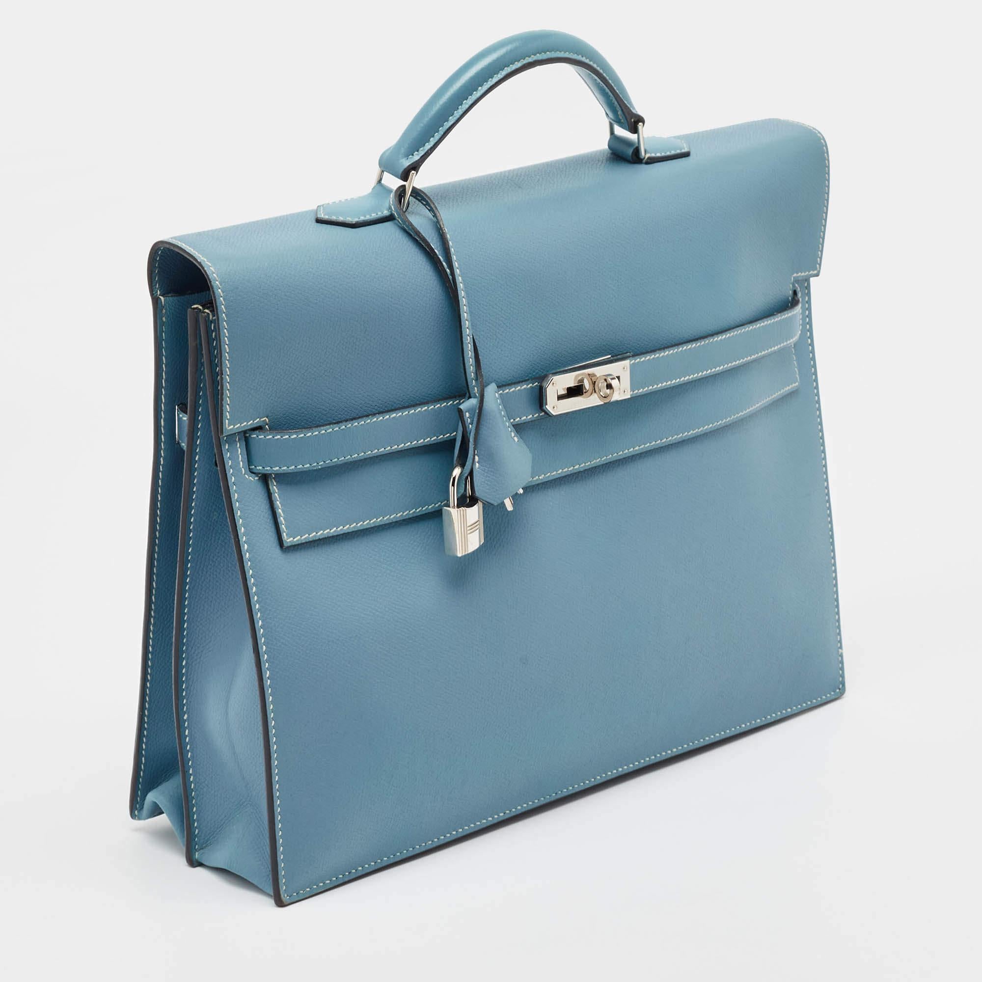 Hermes Blue Jean Epsom Leather Kelly Depeches 34 Briefcase In Good Condition In Dubai, Al Qouz 2