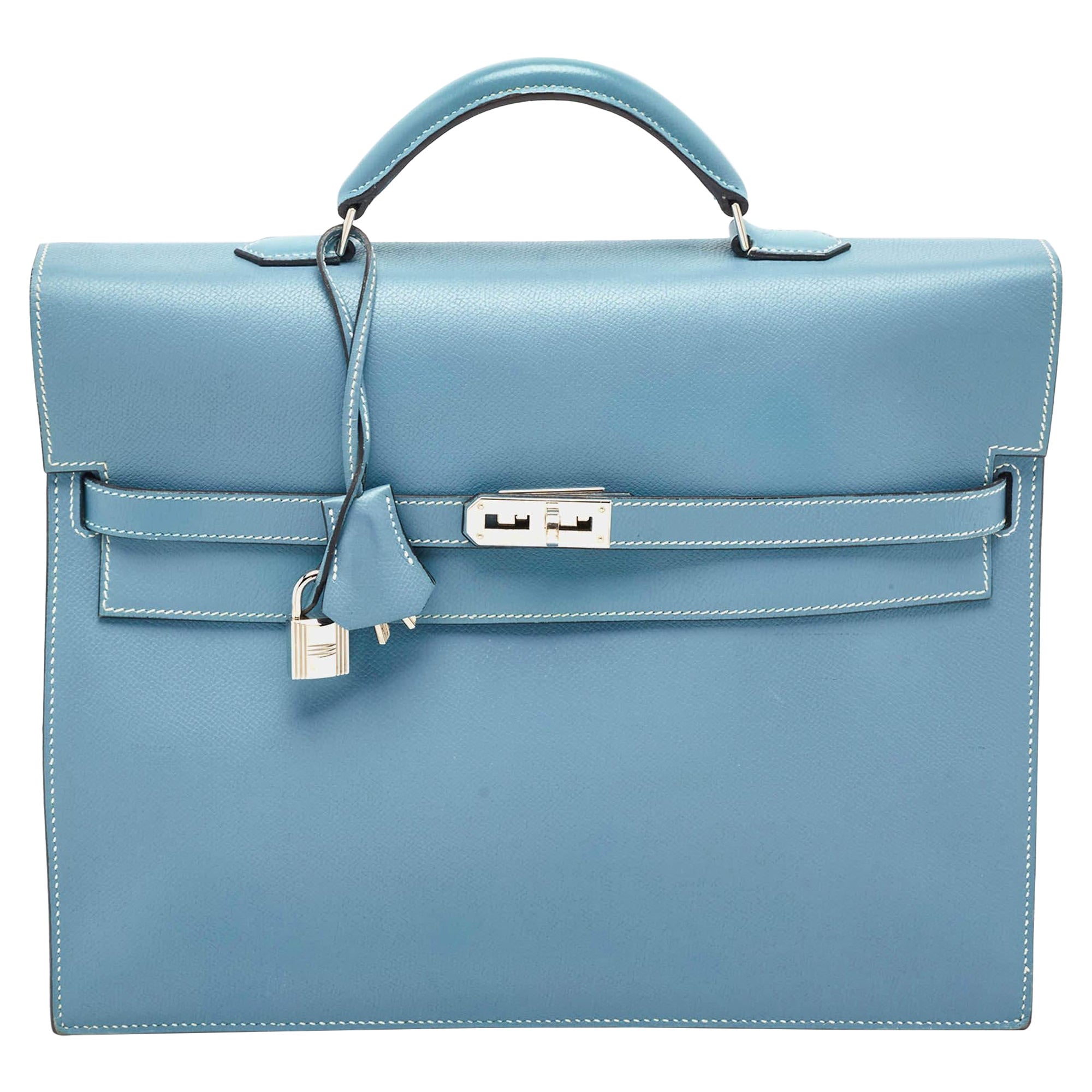 Hermes Blue Jean Epsom Leather Kelly Depeches 34 Briefcase
