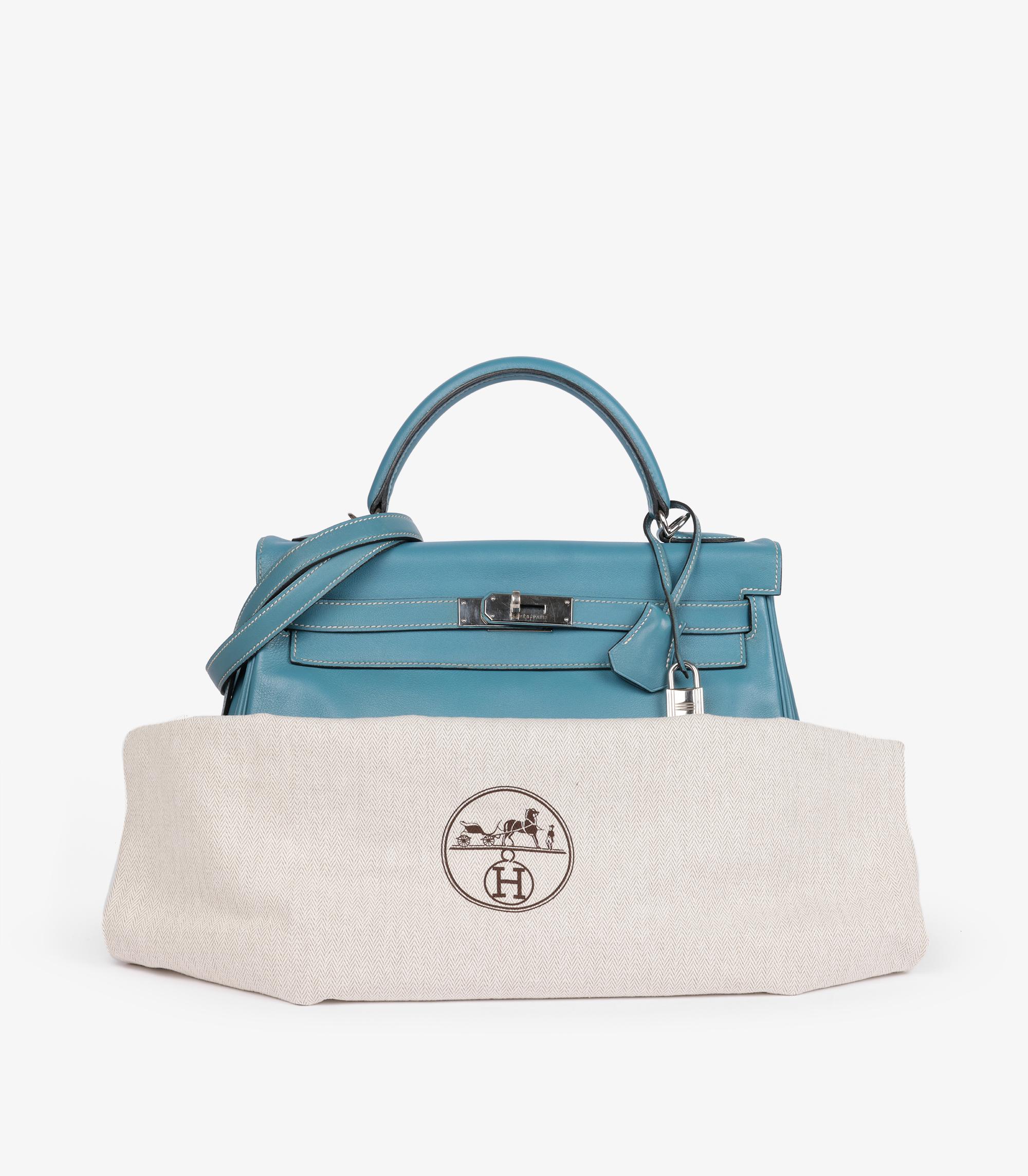 Hermès Blau Jean Swift Leder Vintage Kelly 32cm Retourne im Angebot 6