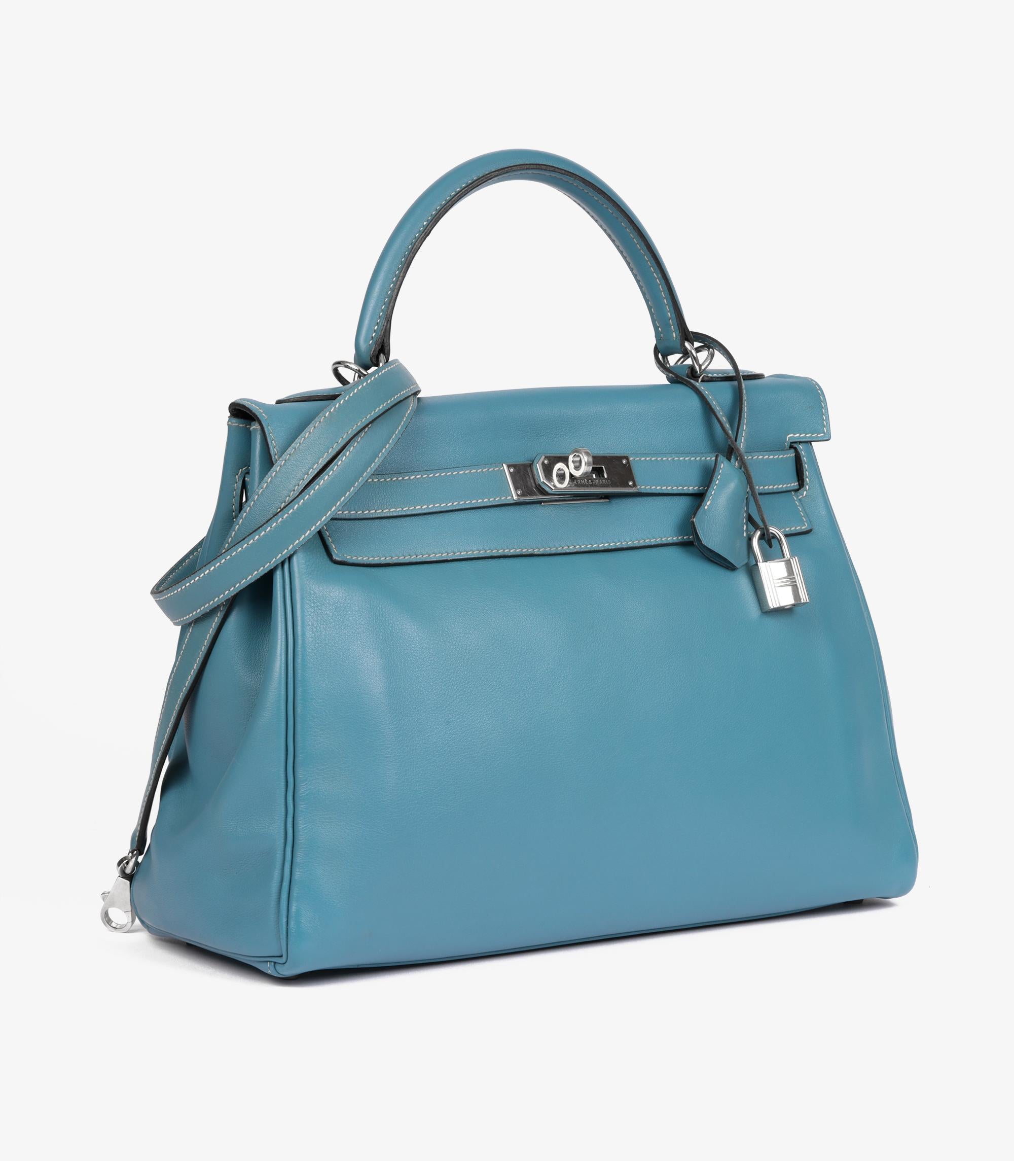 Hermès Blau Jean Swift Leder Vintage Kelly 32cm Retourne (Grau) im Angebot