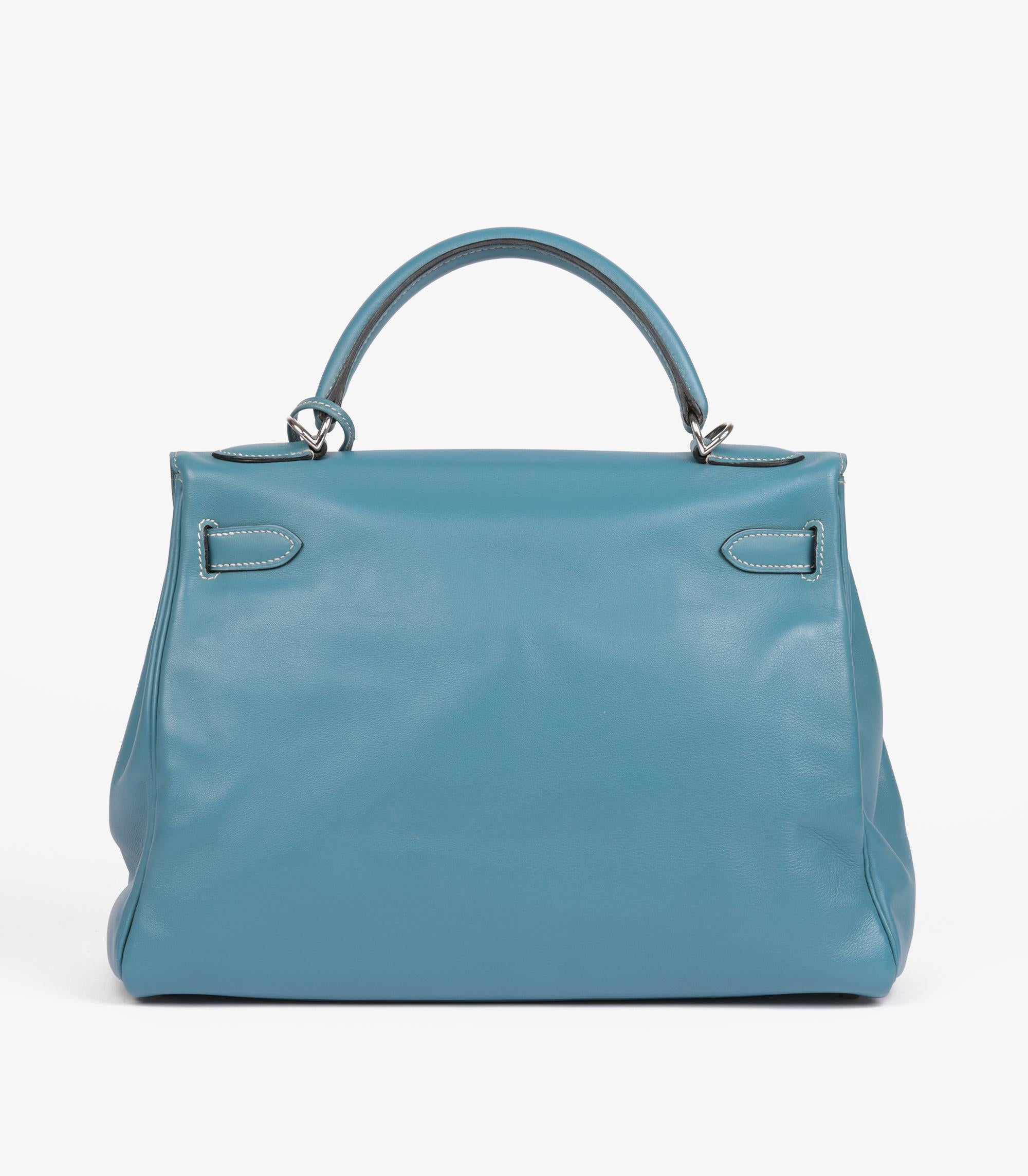 Hermès Blau Jean Swift Leder Vintage Kelly 32cm Retourne für Damen oder Herren im Angebot