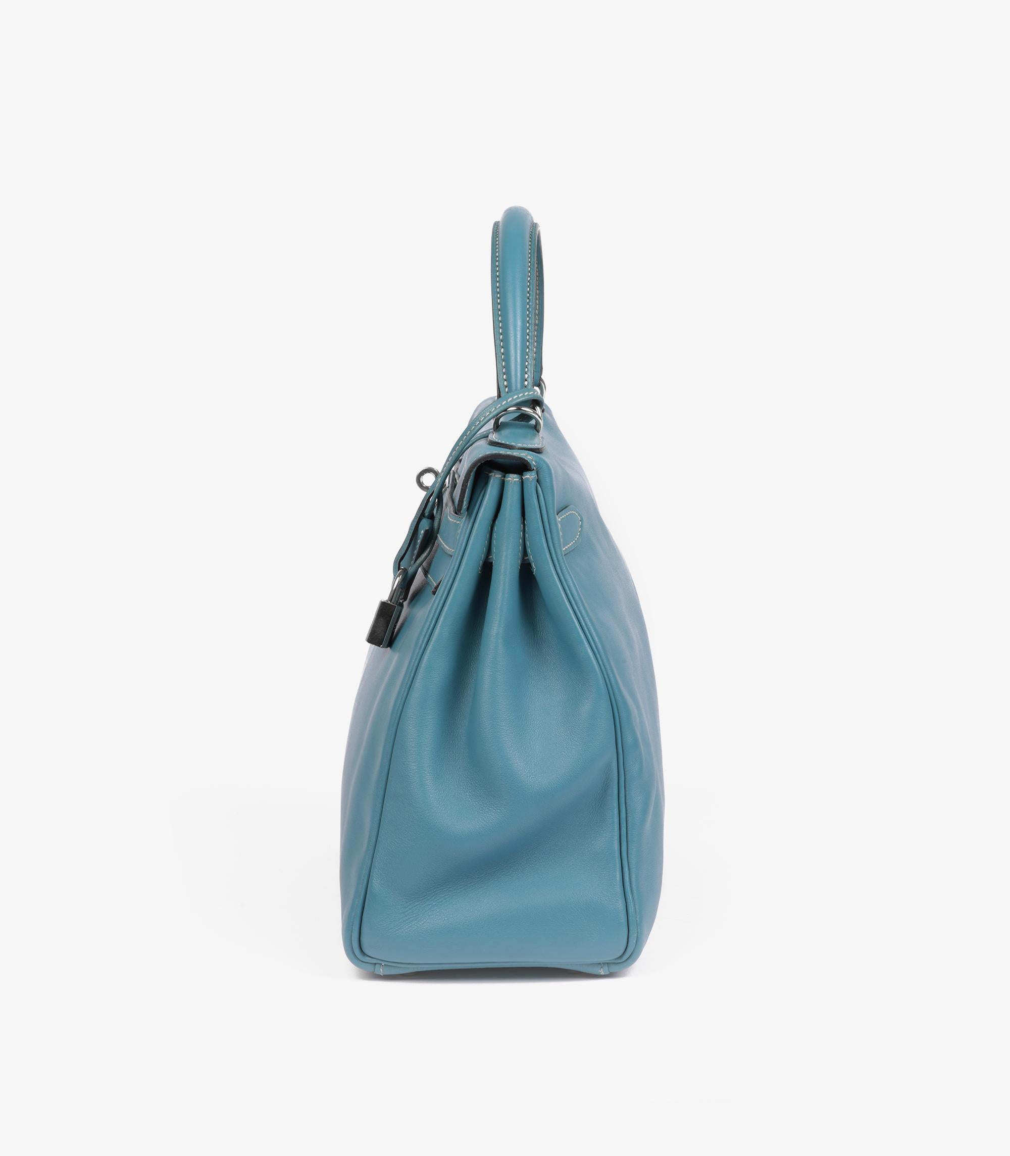 Hermès Blau Jean Swift Leder Vintage Kelly 32cm Retourne im Angebot 1