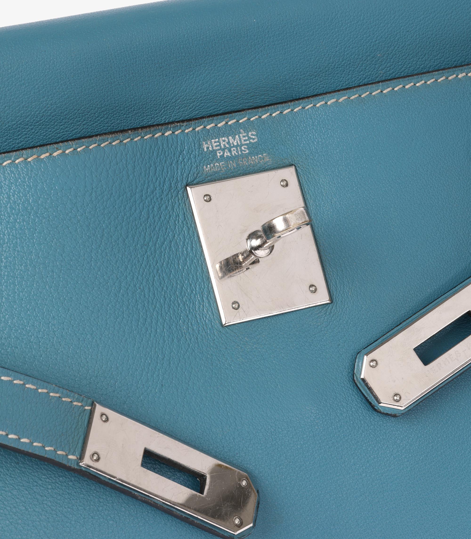 Hermès Blau Jean Swift Leder Vintage Kelly 32cm Retourne im Angebot 3