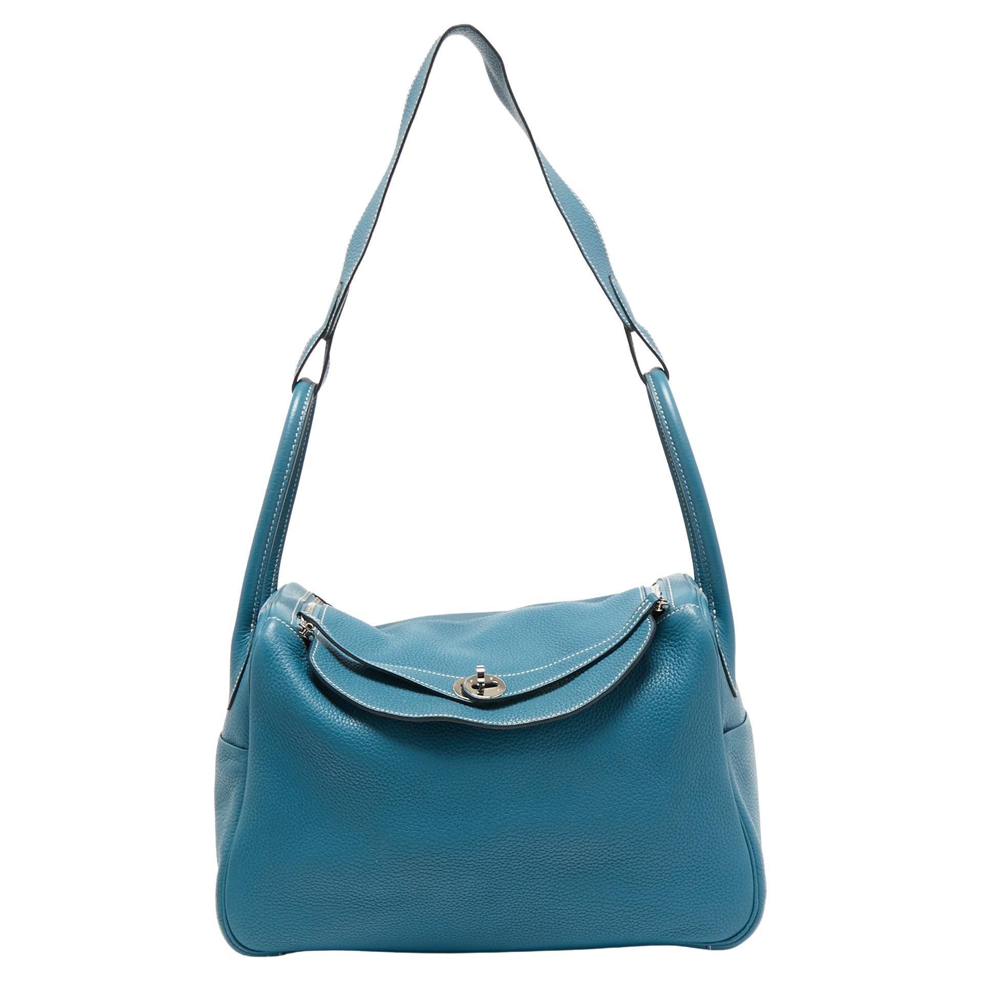 SOLD - Hermes Lindy 34cm Clemence Leather Blue Jean Color Silver