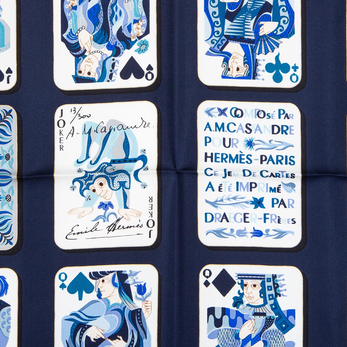 Hermes 'Jeu de Cartes 90' in white silk twill (100%) with details in midnight and petrol blue. Brand new with tag.

Width 90cm (35.1in)
Height 90cm (35.1in)
