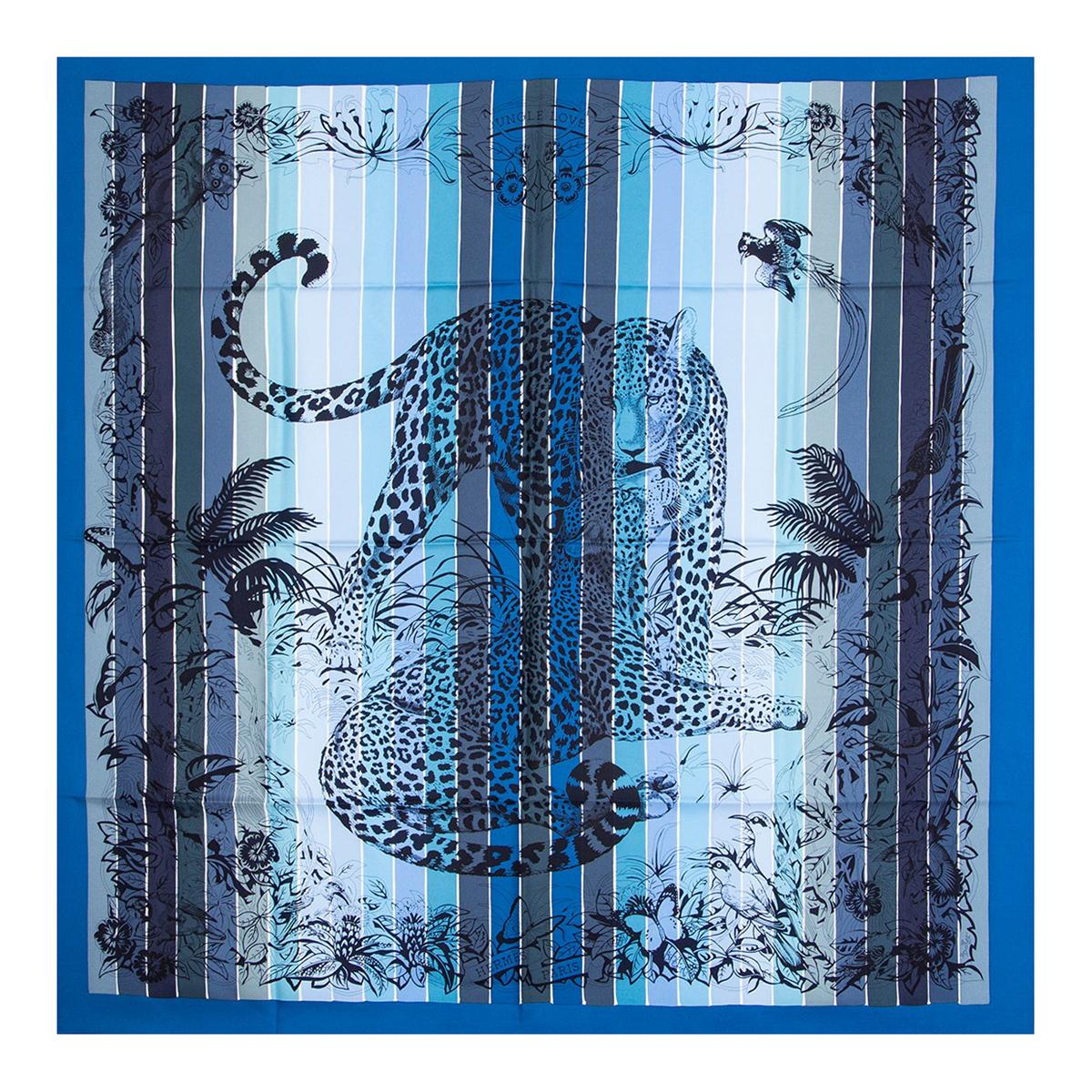 Hermes blue JUNGLE LOVE RAINBOW 90 silk twill Scarf