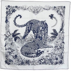 Hermes blue JUNGLE LOVE TATTOO 90 Scarf silk BLANC MARINE