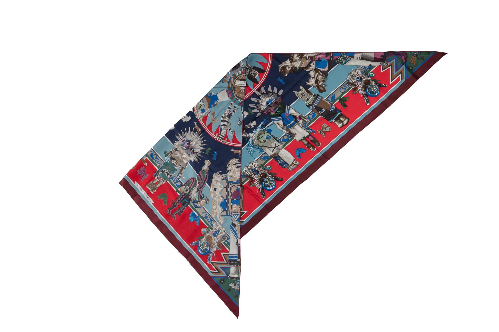 Gray Hermès Blue “Kachinas“ Pointe Silk Shawl For Sale