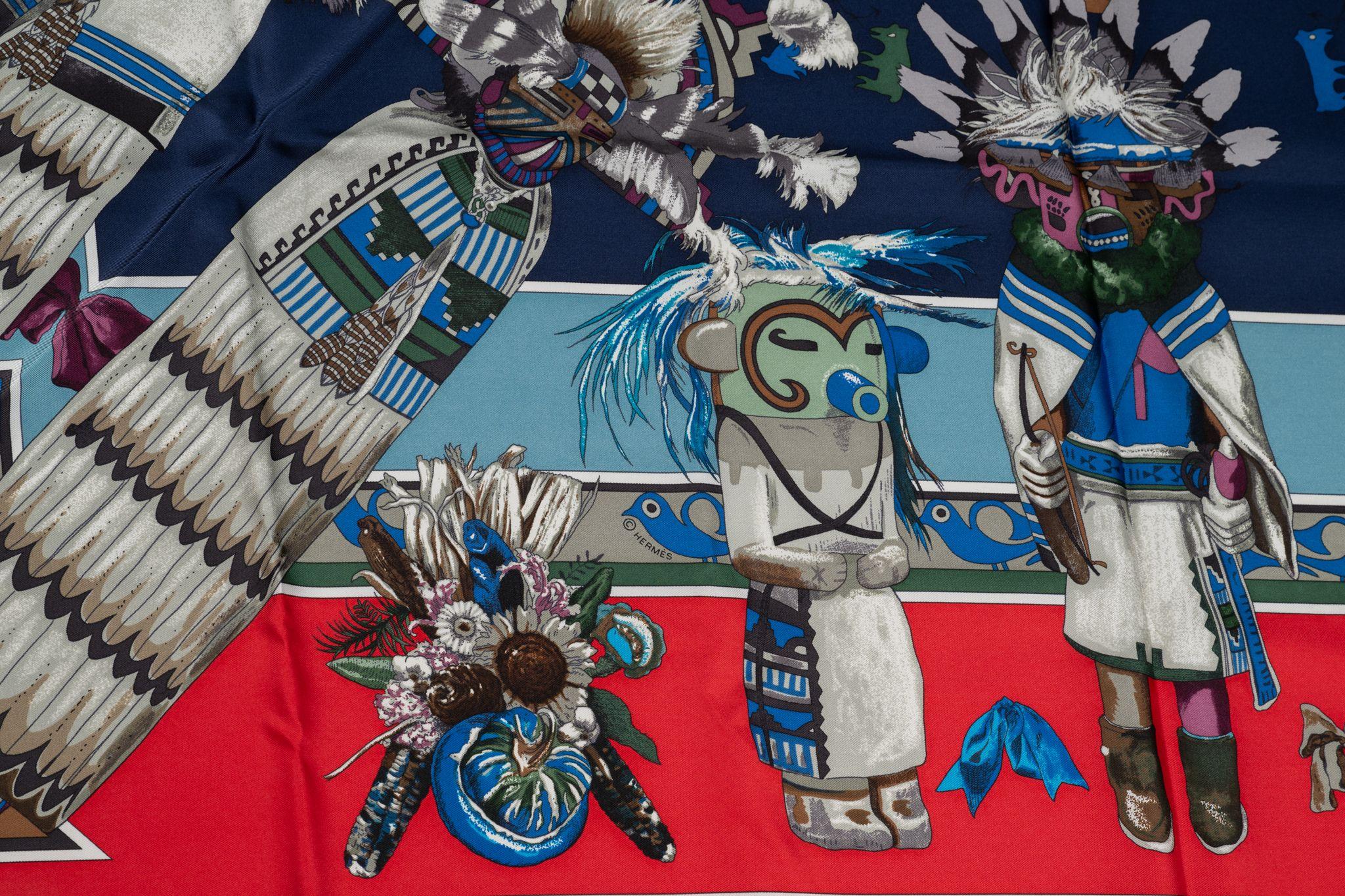 Hermès Blue “Kachinas“ Pointe Silk Shawl In New Condition For Sale In West Hollywood, CA