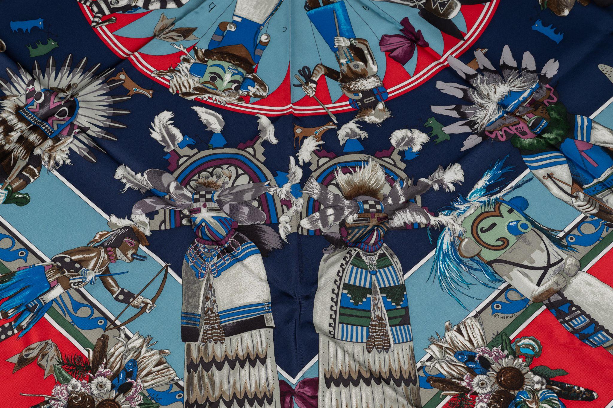 Hermès Blue “Kachinas“ Pointe Silk Shawl For Sale 1