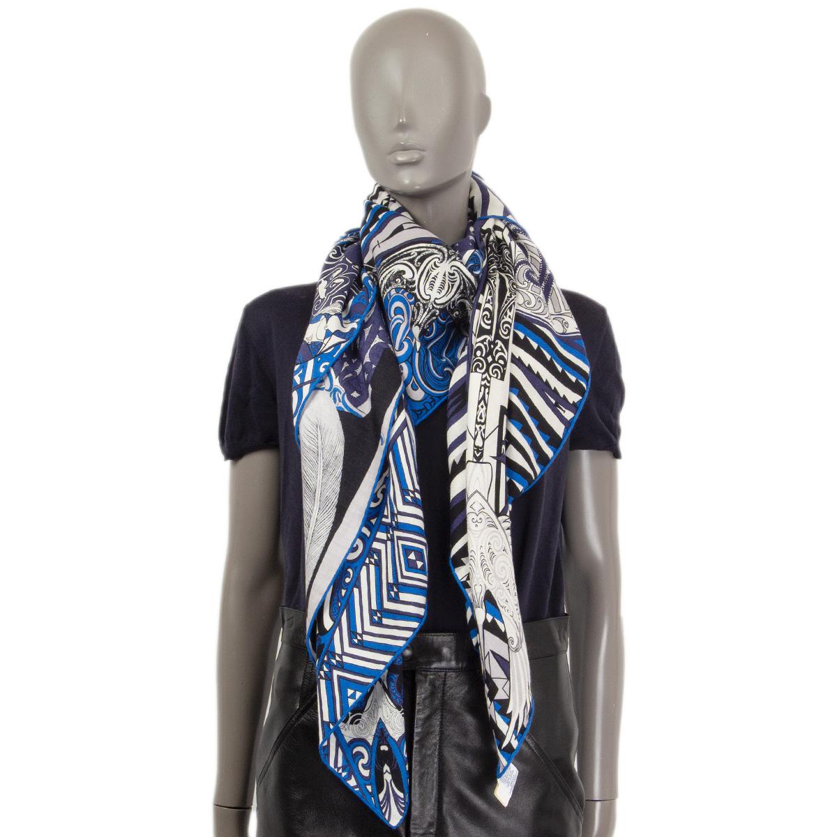 Hermes blue KAWA ORA 140 cashmere silk Scarf Shawl Marine Blanc Bleu Electrique 5