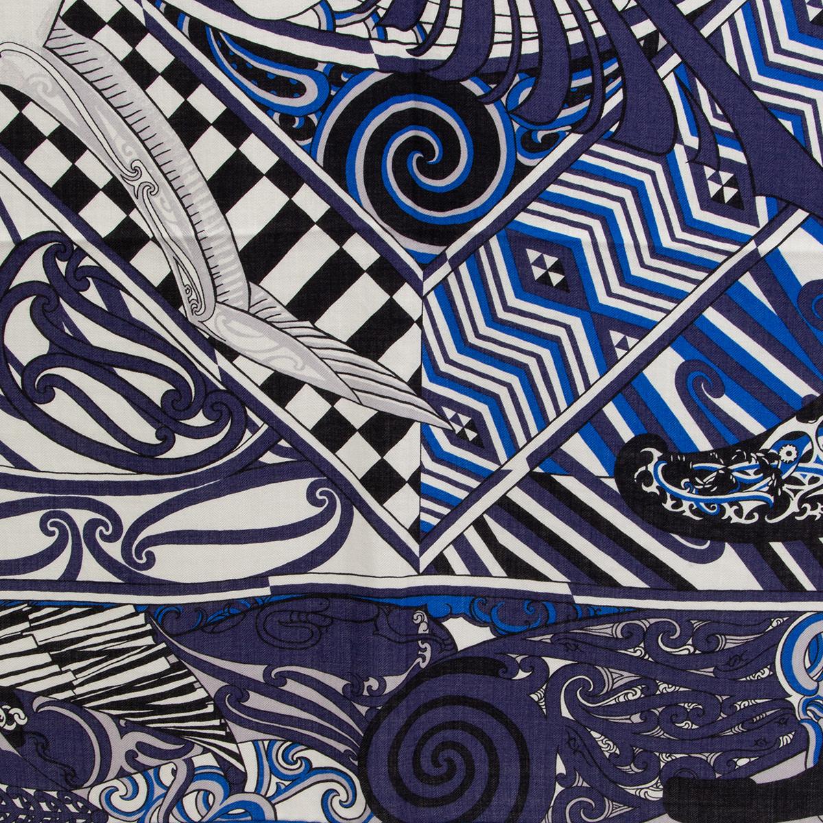 Black Hermes blue KAWA ORA 140 cashmere silk Scarf Shawl Marine Blanc Bleu Electrique