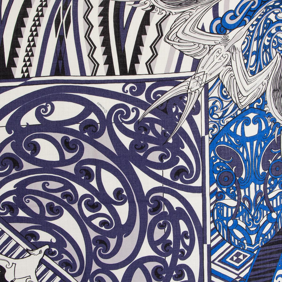 Hermes blue KAWA ORA 140 cashmere silk Scarf Shawl Marine Blanc Bleu Electrique 2