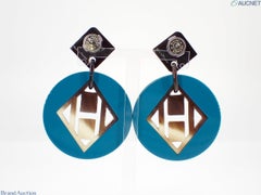Hermès Blue Lacquered Buffalo Horn H Round Earrings