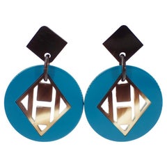 Hermès Blue Lacquered Buffalo Horn H Round Earrings