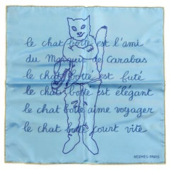 Hermès Blue Le Chat Botte Silk Pochette Scarf