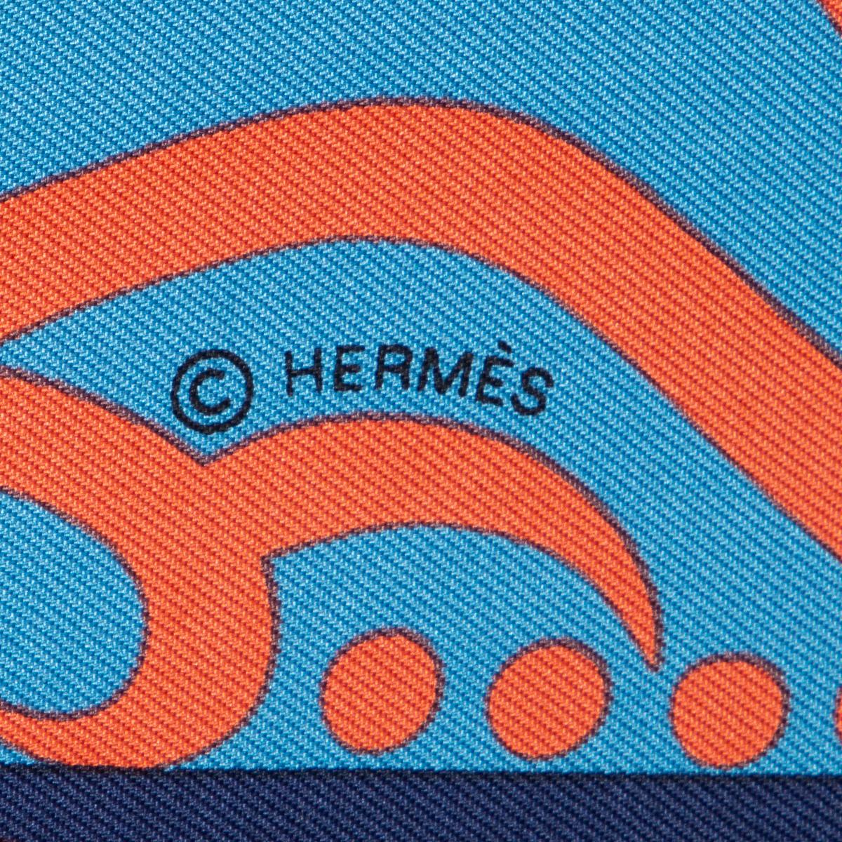 HERMES blue LE REGARDE DE L'ARCTIQUE 90 Scarf silk Marine Blue Jean Tangerine For Sale 2