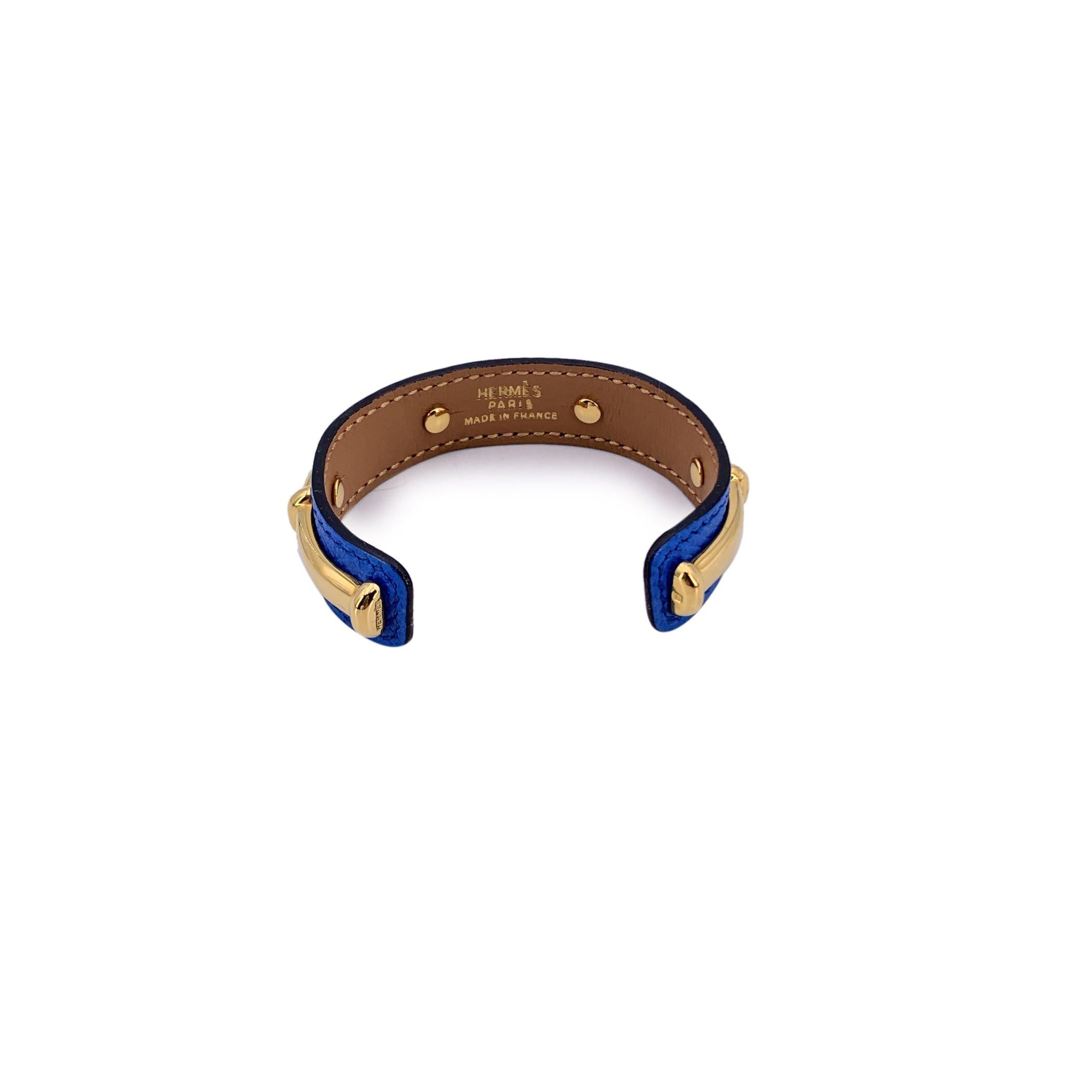 Women's Hermes Blue Leather and Gold Metal Agatha Cuff Bracelet For Sale