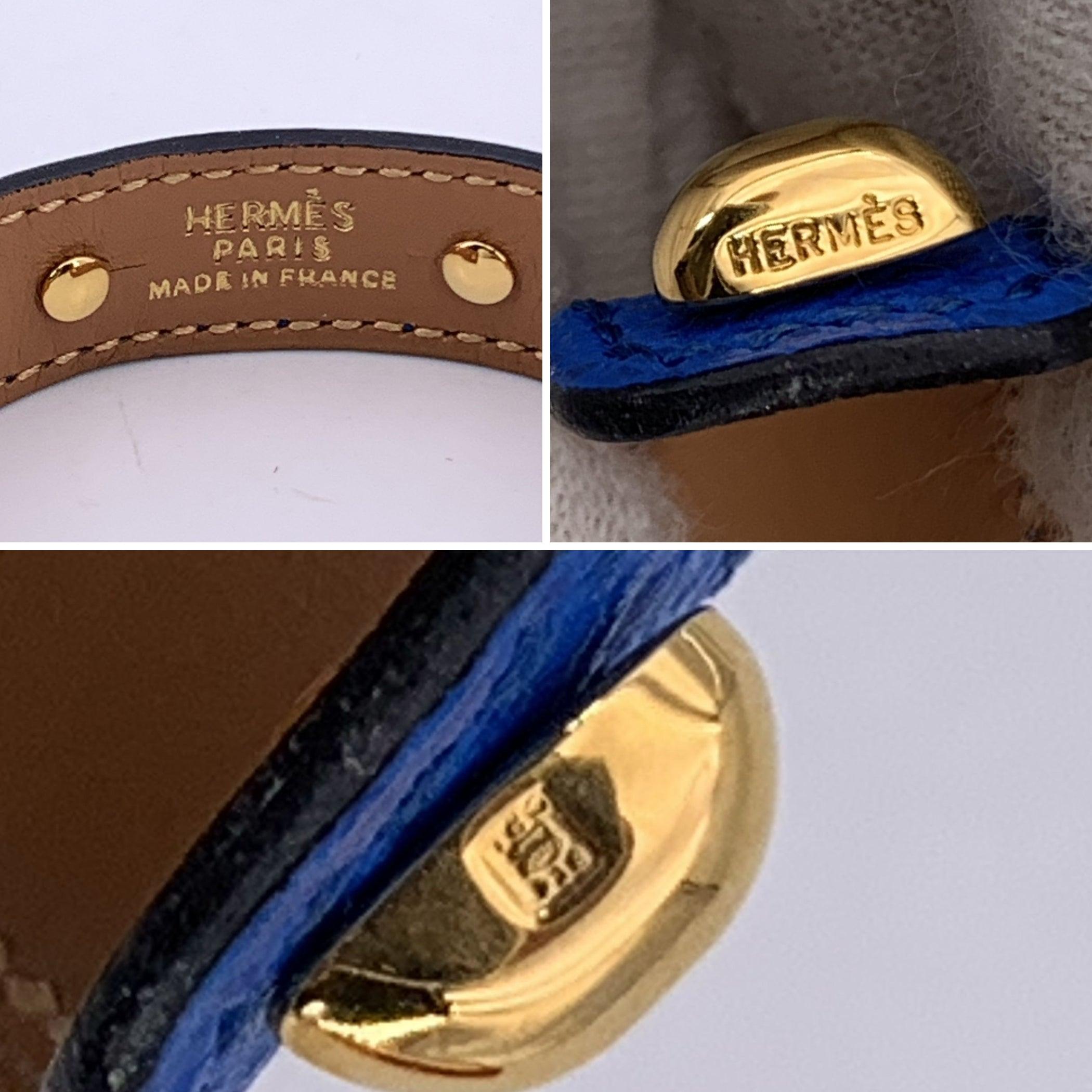 Hermes Blue Leather and Gold Metal Agatha Cuff Bracelet For Sale 1