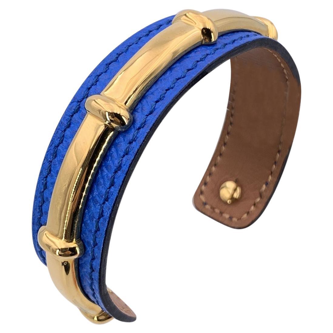 Hermes Blue Leather and Gold Metal Agatha Cuff Bracelet For Sale