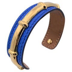 Hermes Blue Leather and Gold Metal Agatha Cuff Bracelet