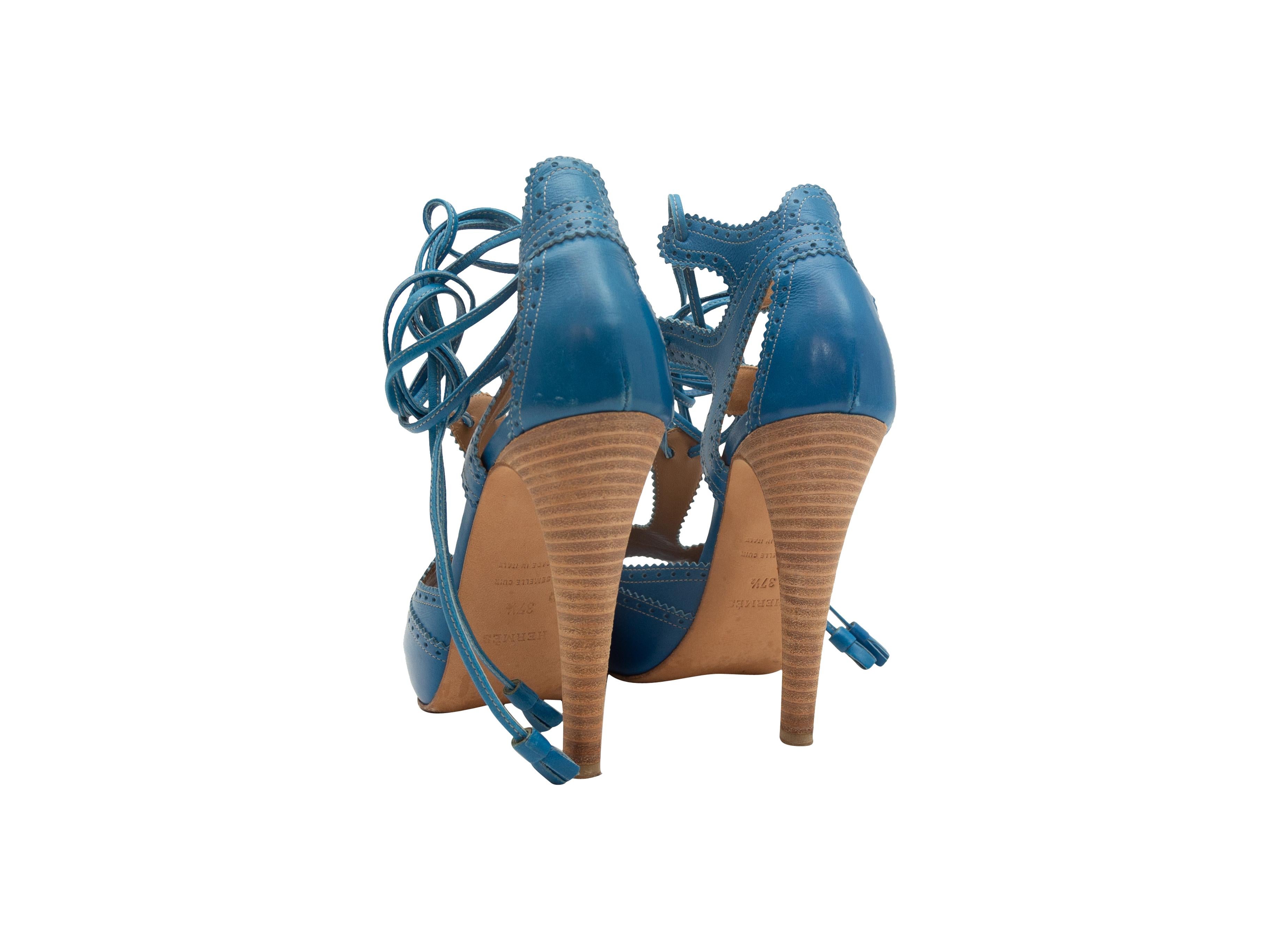 Women's Hermes Blue Leather Brogue Cutout Peep-Toe Heels