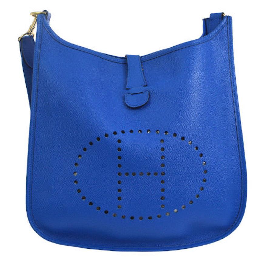 Hermes Blue Leather Canvas "H" Logo Men's Women's Crossbody Shoulder Bag