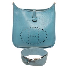 Vintage Hermes Blue Leather Evelyne 2 PM Crossbody Bag