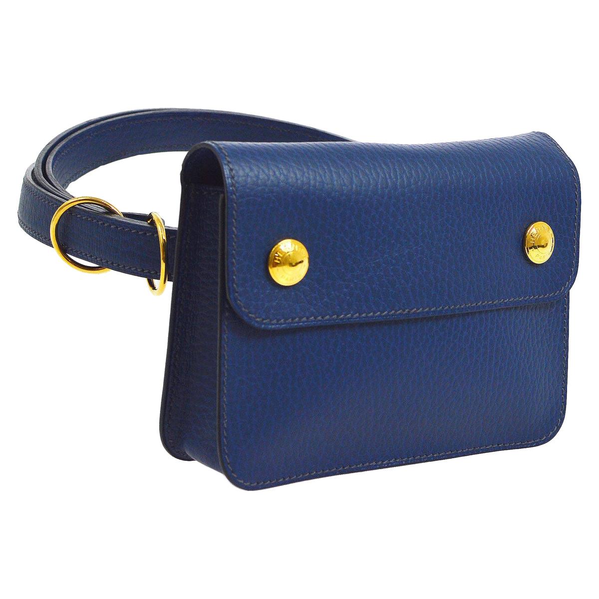 Hermes Blue Leather Gold Fold Over Fanny Pack Flap Bum Waist Belt Bag