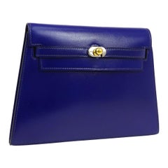 Hermes Blue Leather Gold Palladium Evening Envelope Clutch Flap Bag