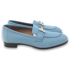 Hermes Blue Leather H Logo Paris Loafers Size 35