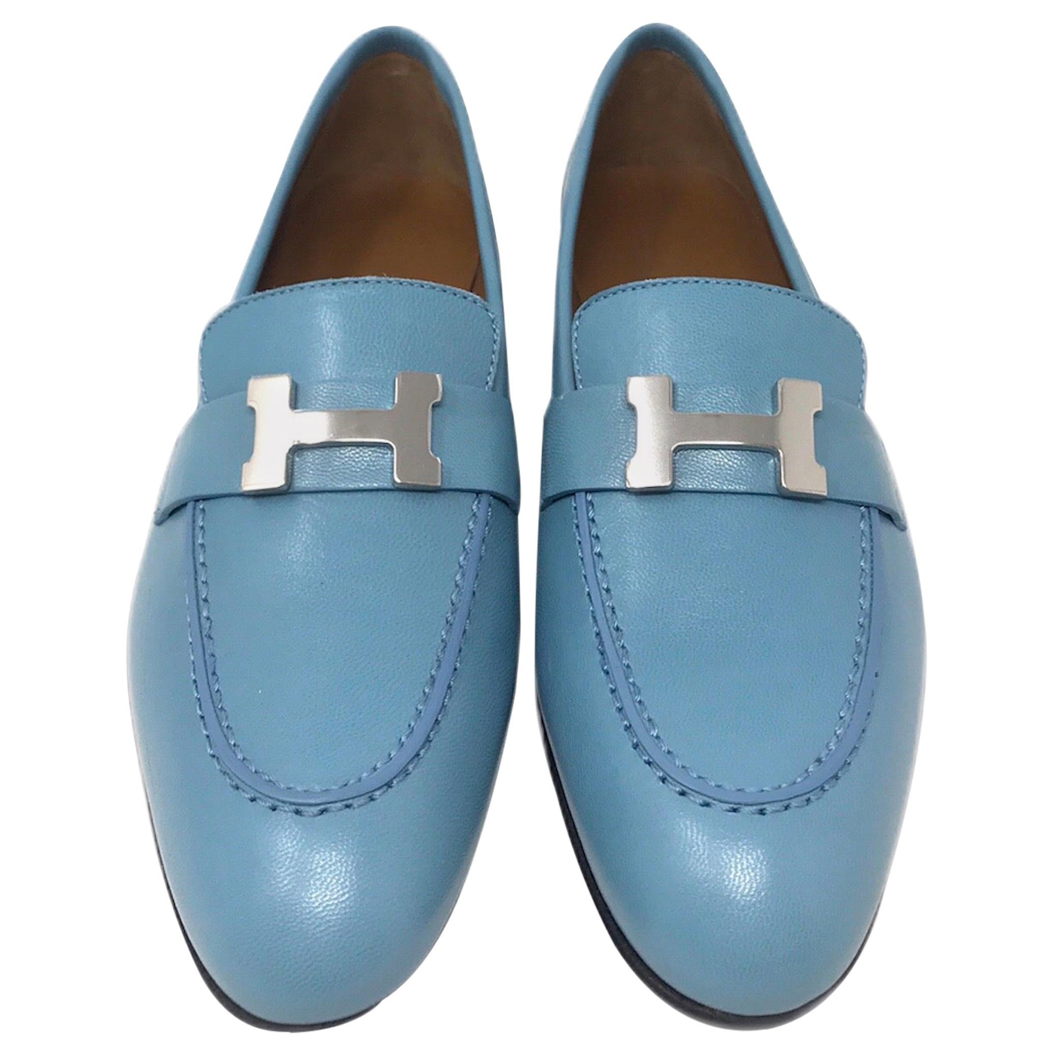 Hermes Blue Leather H Logo Paris Loafers Size 35 For Sale
