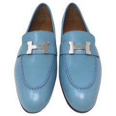 Hermes Blue Leather H Logo Paris Loafers Size 35