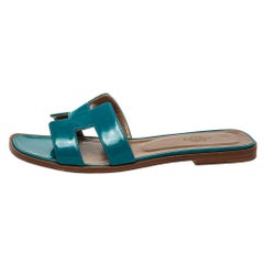 Hermes Blau Leder Oran Flache Sandalen Größe 38