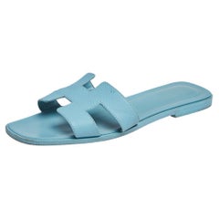 Hermes Blue Leather Oran Flats Sandals Size 37