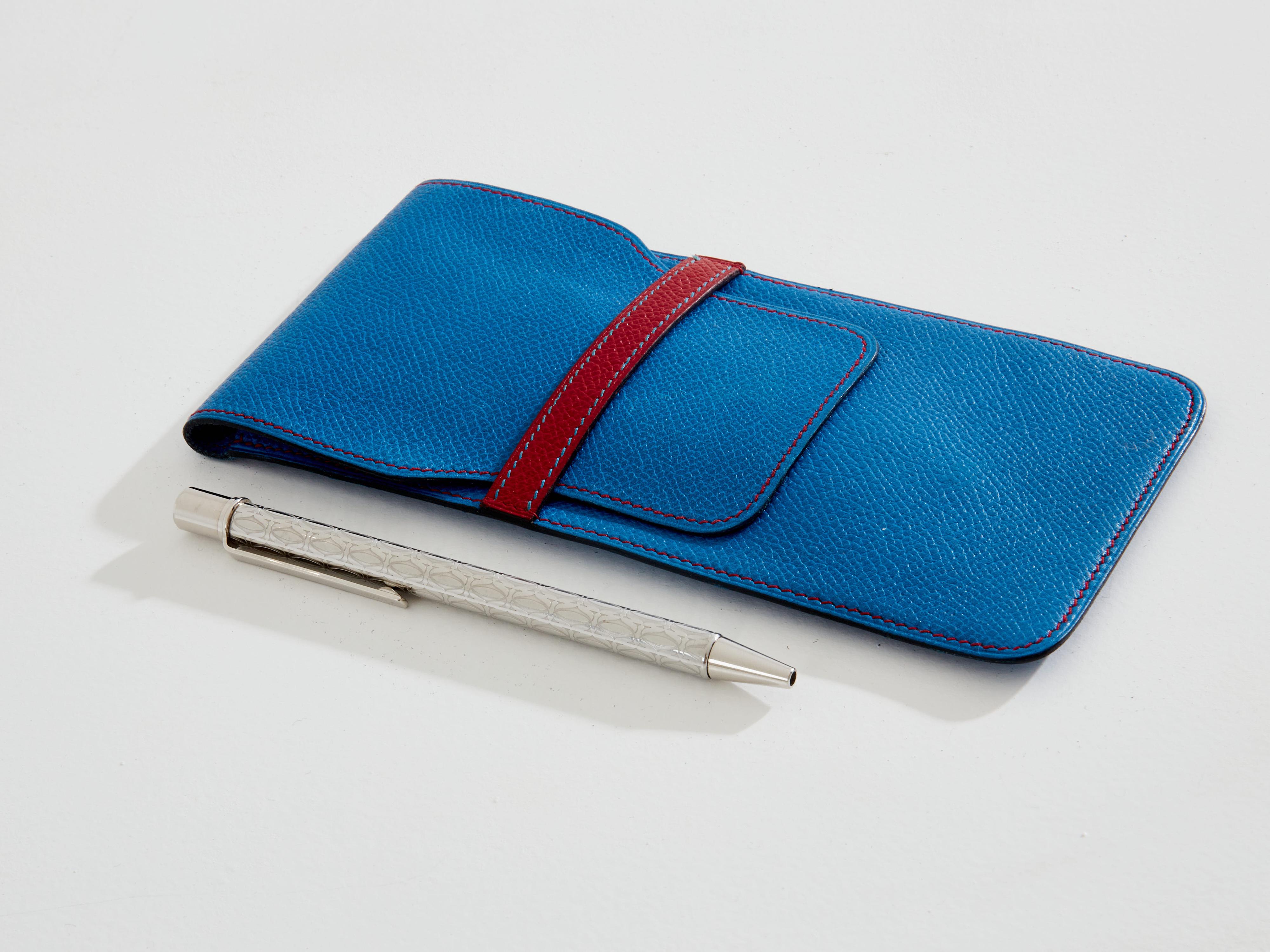 Leather Hermès blue leather pencil case 1990s For Sale