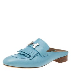 Hermes Blue Leather Rivoli Mules Size 39