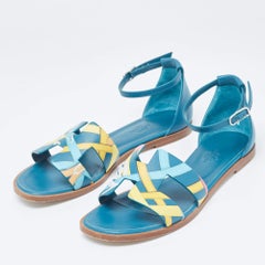 Hermes Blue Leather Santorini Ankle Strap Sandals Size 37.5