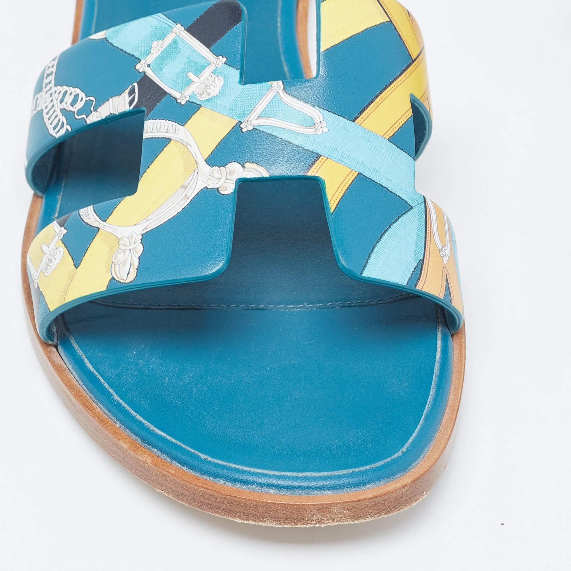 Hermes Blue Leather Santorini Ankle Strap Sandals Size 37.5 1