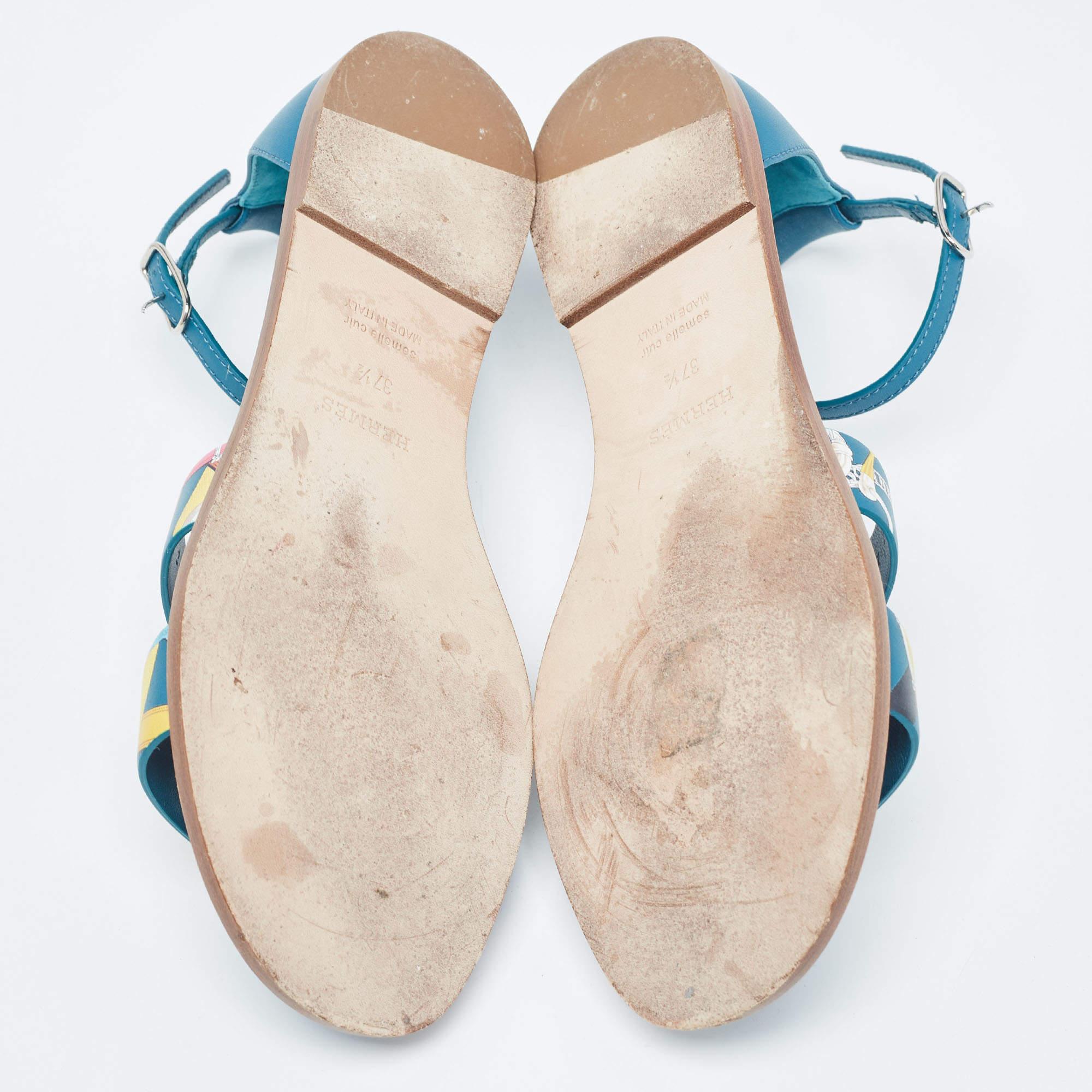 Hermes Blue Leather Santorini Ankle Strap Sandals Size 37.5 3