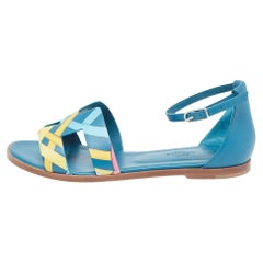 Hermes Blue Leather Santorini Ankle Strap Sandals Size 37.5