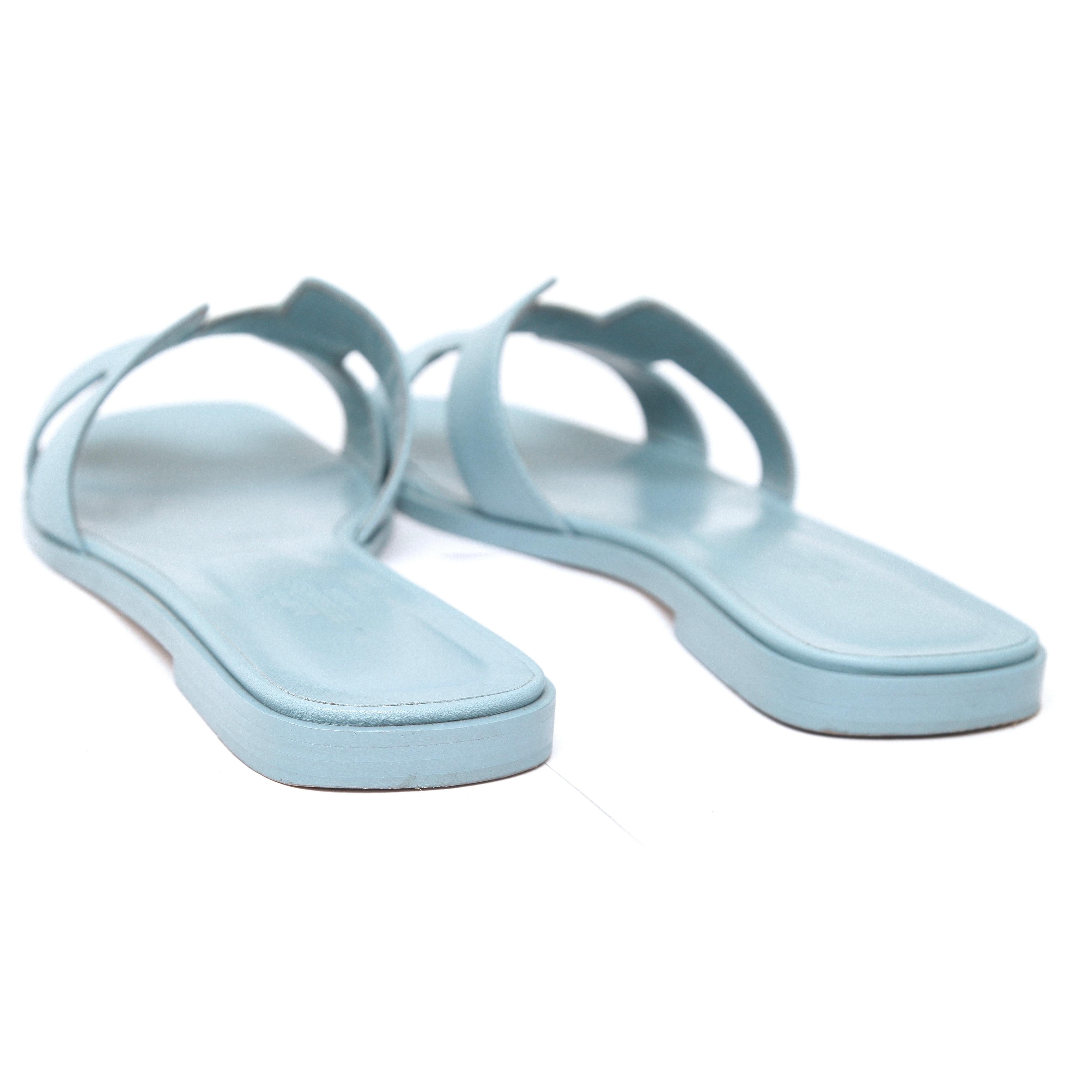 HERMES Blue Leather Slides ORAN Sandals Flat Mule Slip On Shoes Sz 38 3