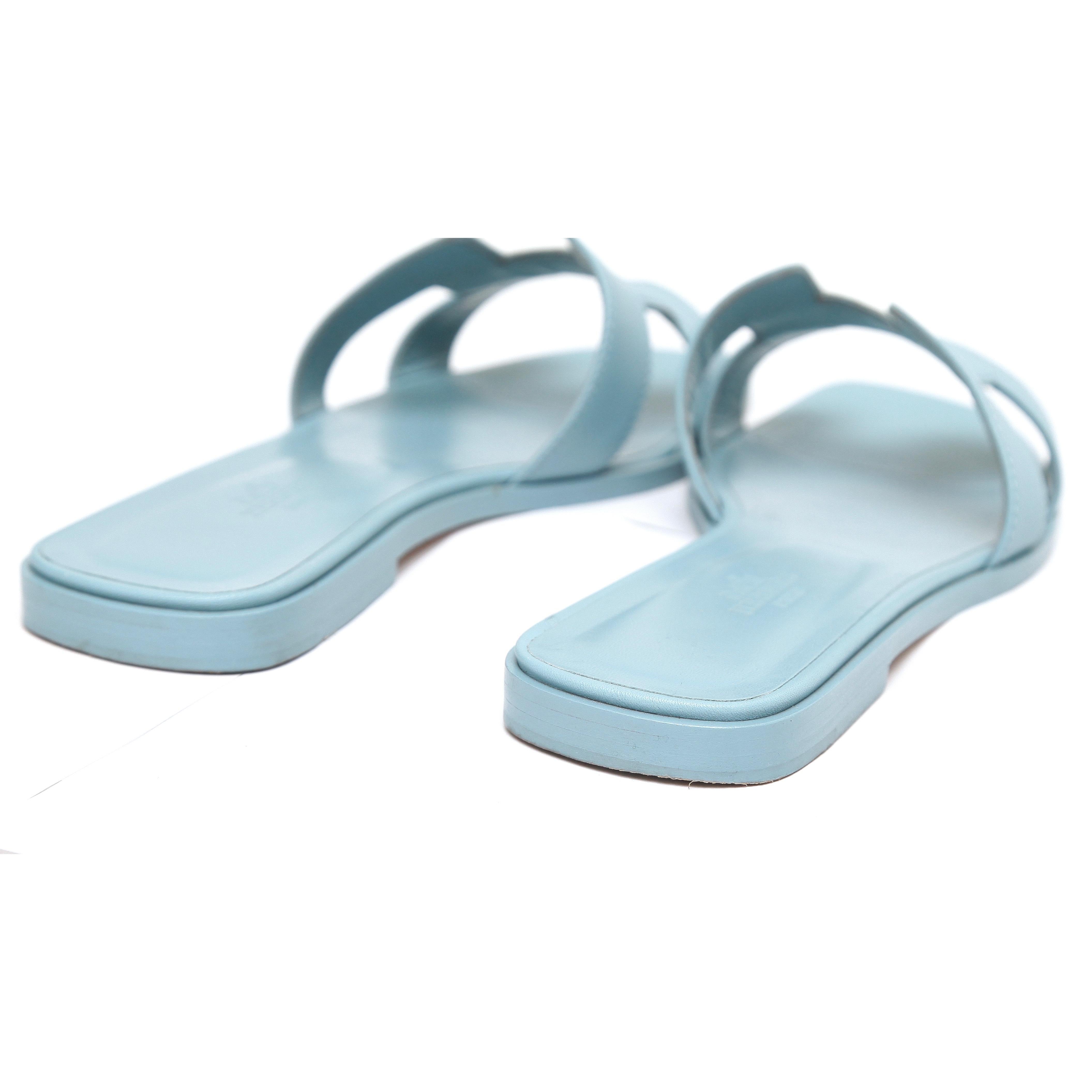 HERMES Blue Leather Slides ORAN Sandals Flat Mule Slip On Shoes Sz 38 4