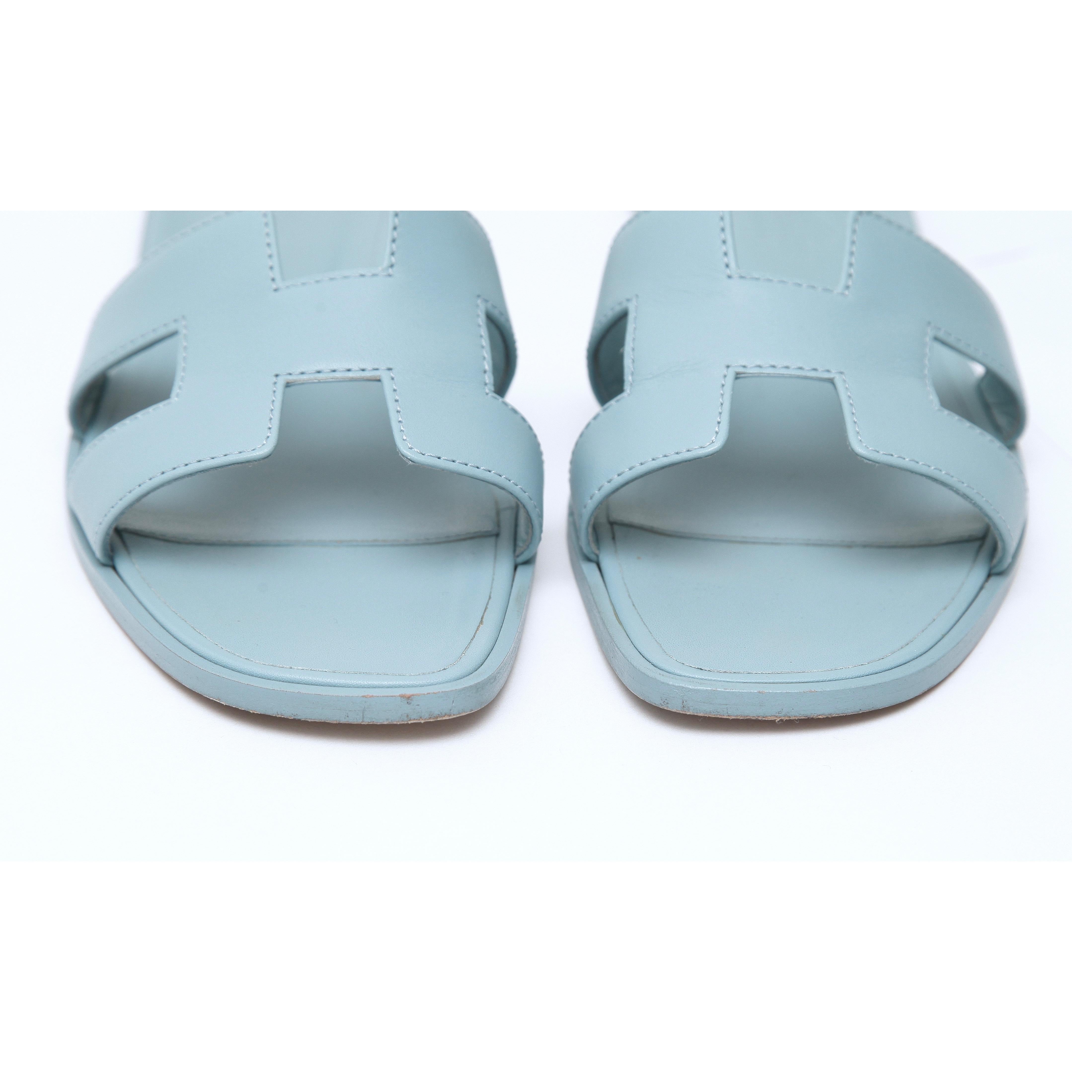 Women's HERMES Blue Leather Slides ORAN Sandals Flat Mule Slip On Shoes Sz 38