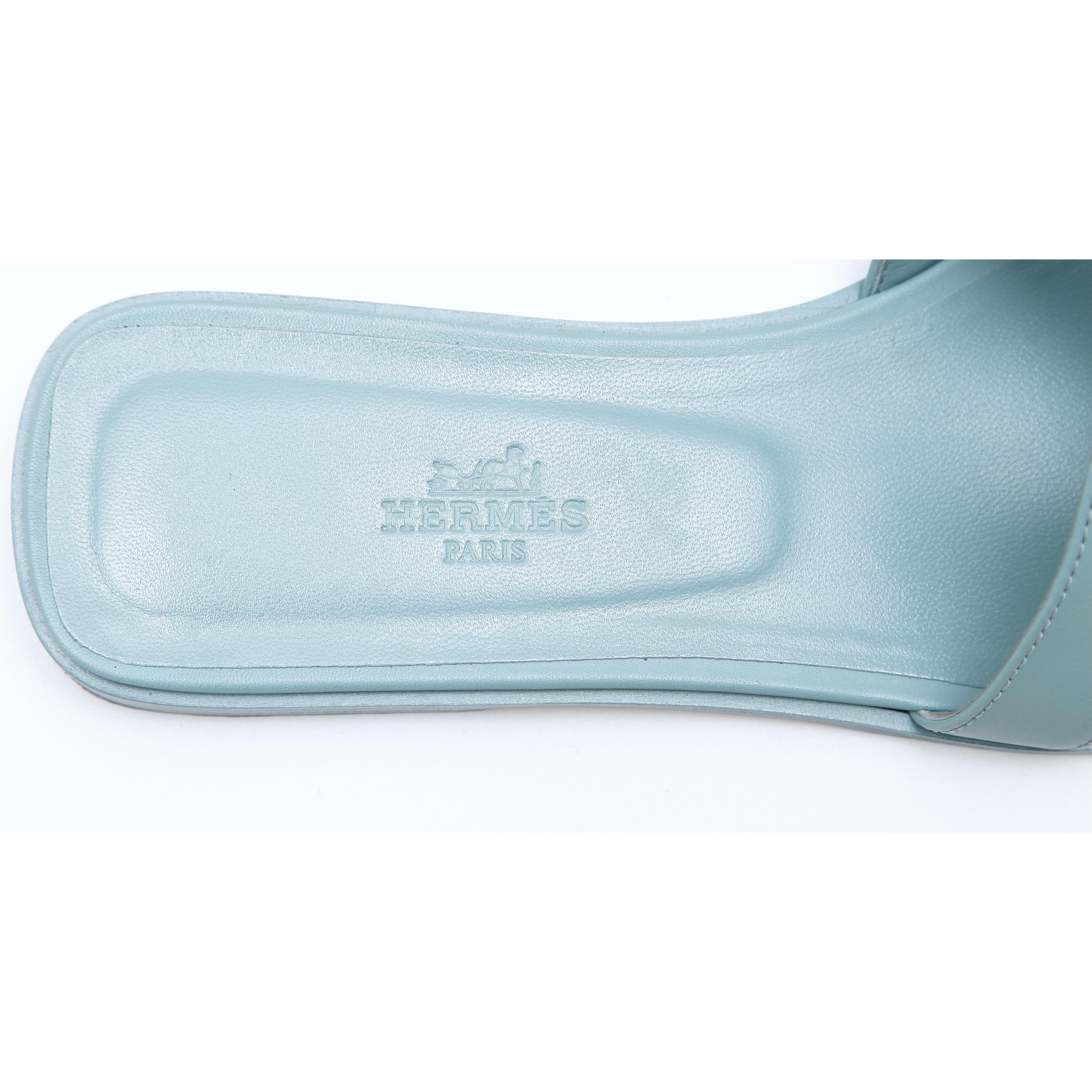 HERMES Blue Leather Slides ORAN Sandals Flat Mule Slip On Shoes Sz 38 1