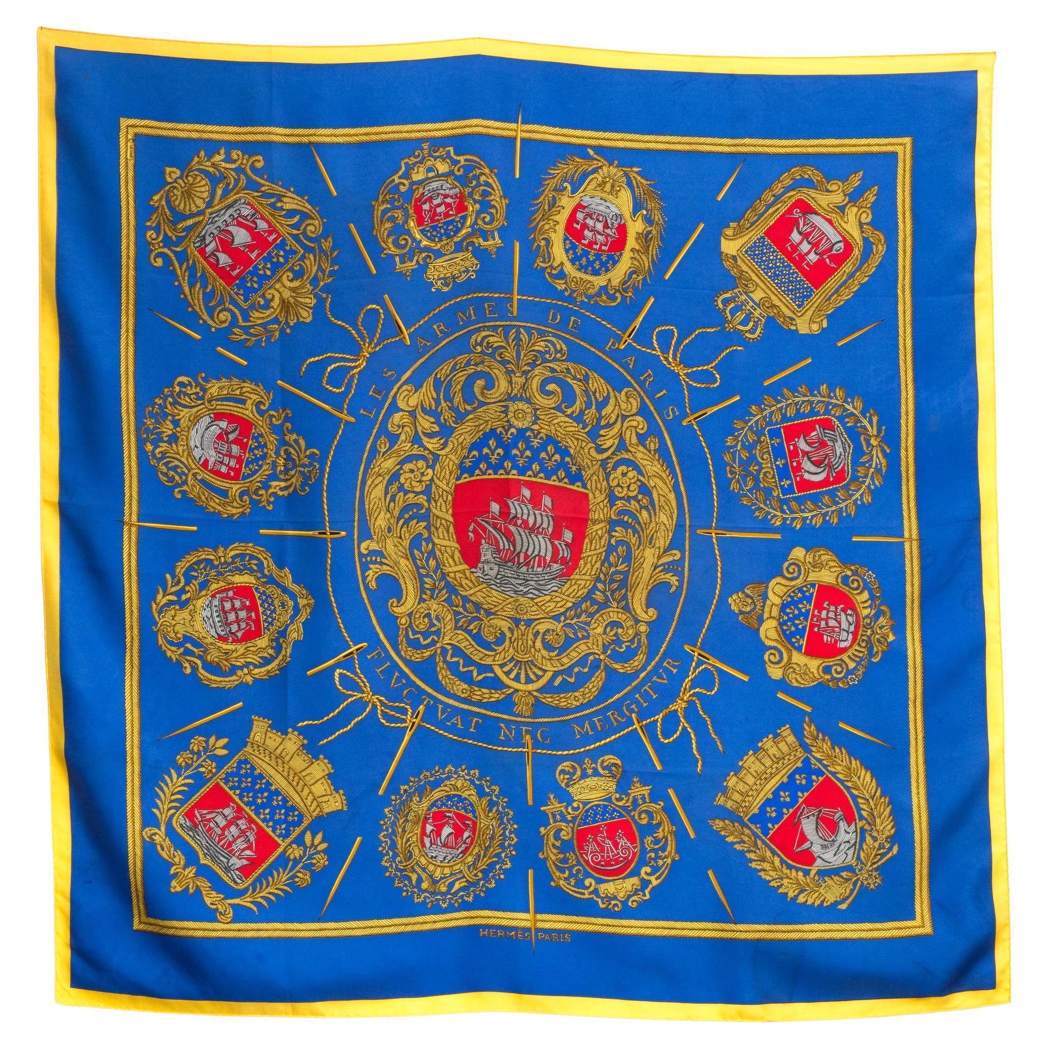 Hermes Blue Les Armes De Paris or Fluctuat Nec Mergitur Silk Scarf