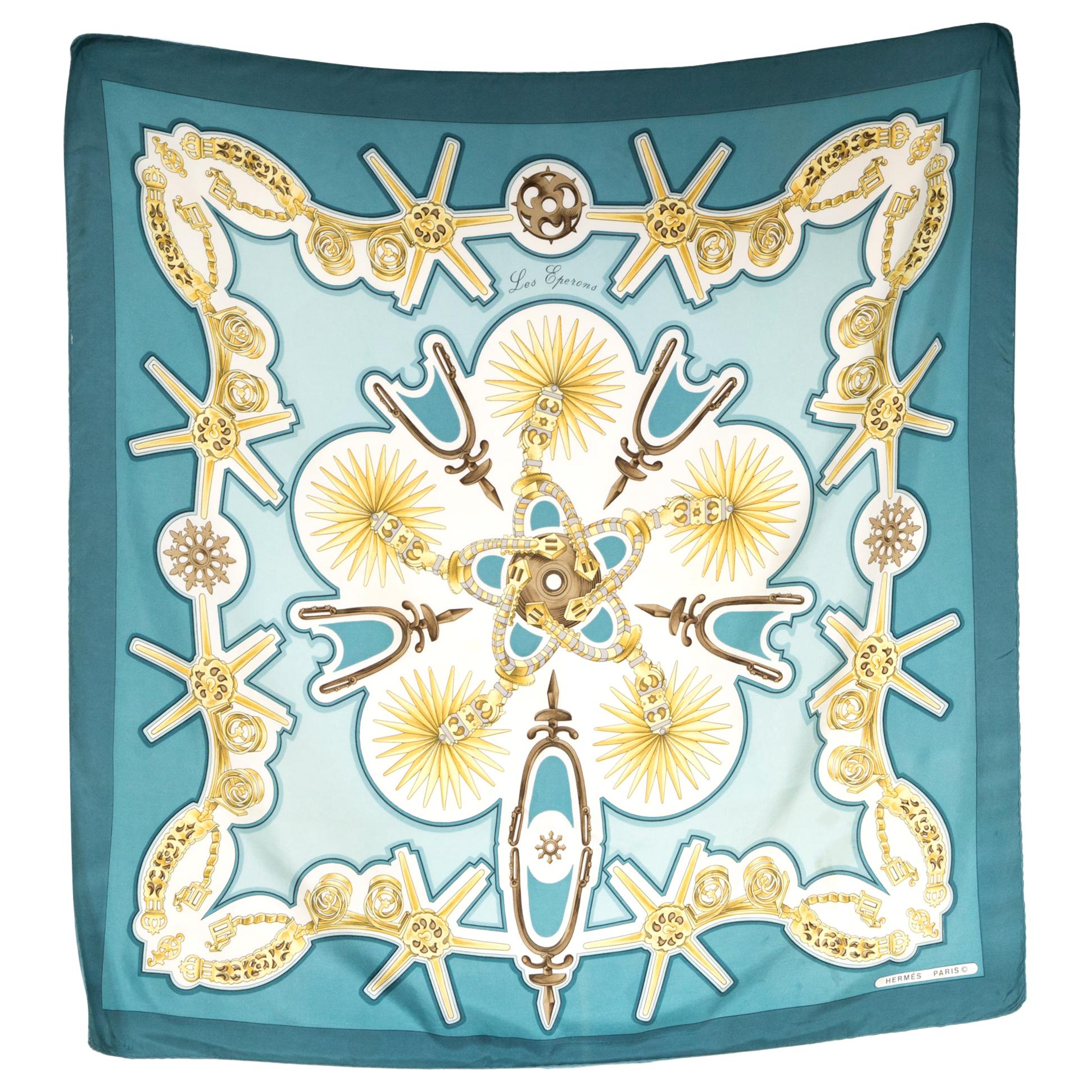 Hermès Blauer Les Eperons Seidenschal von Francoise de la Perriere