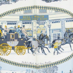 Hermes blue L'HIVER EN POSTE 90 silk twill Scarf